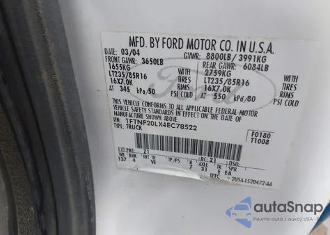 2004 Ford F-250 Xl/Xlt из США, поврежденный, VIN 1FTNF20LX4EC78522